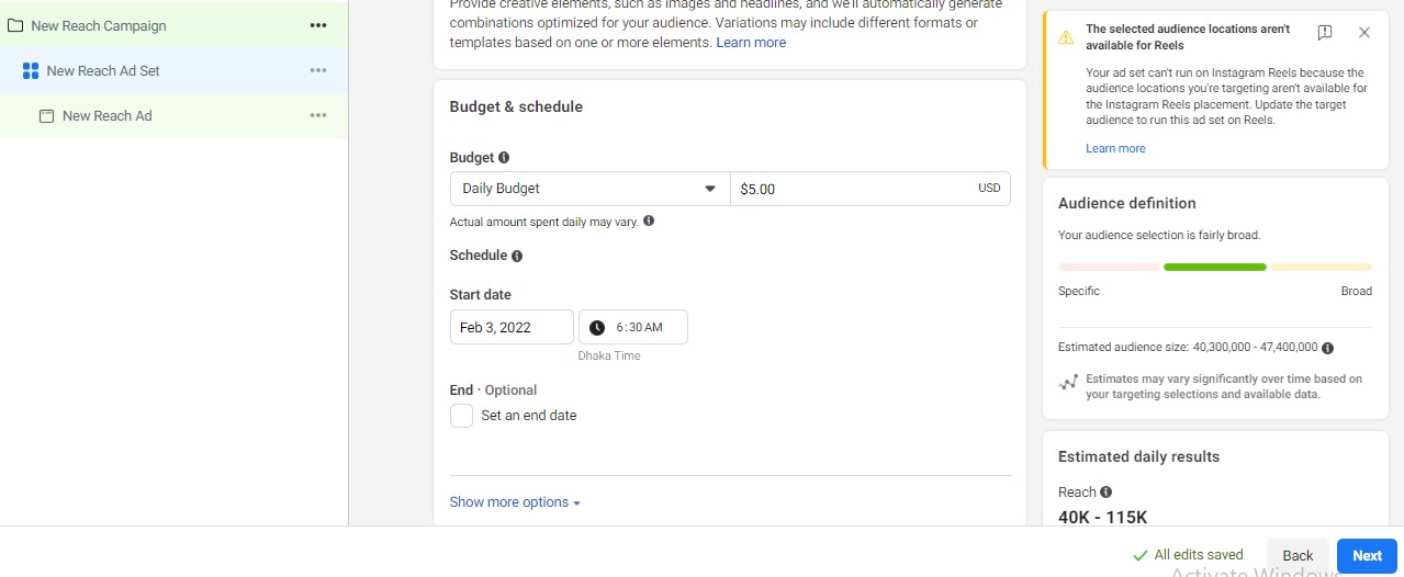 Facebook Ad Budget and Date